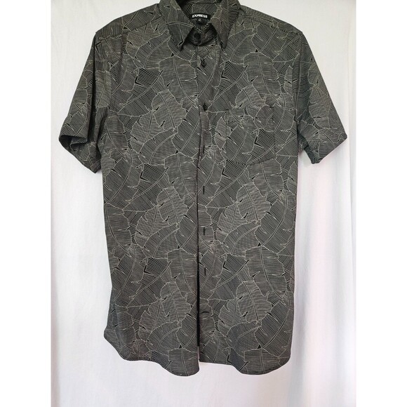 Express Men's Short Sleeve Shirt Black w/Tan(cream) Palm Leaves Size M Tall - Picture 1 of 7